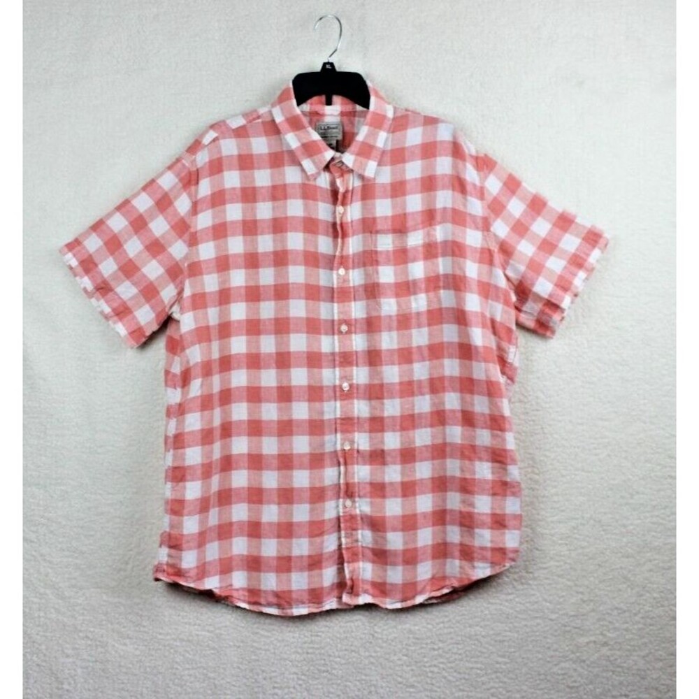 LL Bean Slightly Fitted Shirt Men's Sz XL Peach Plaid Button Up Shirt Sleeve